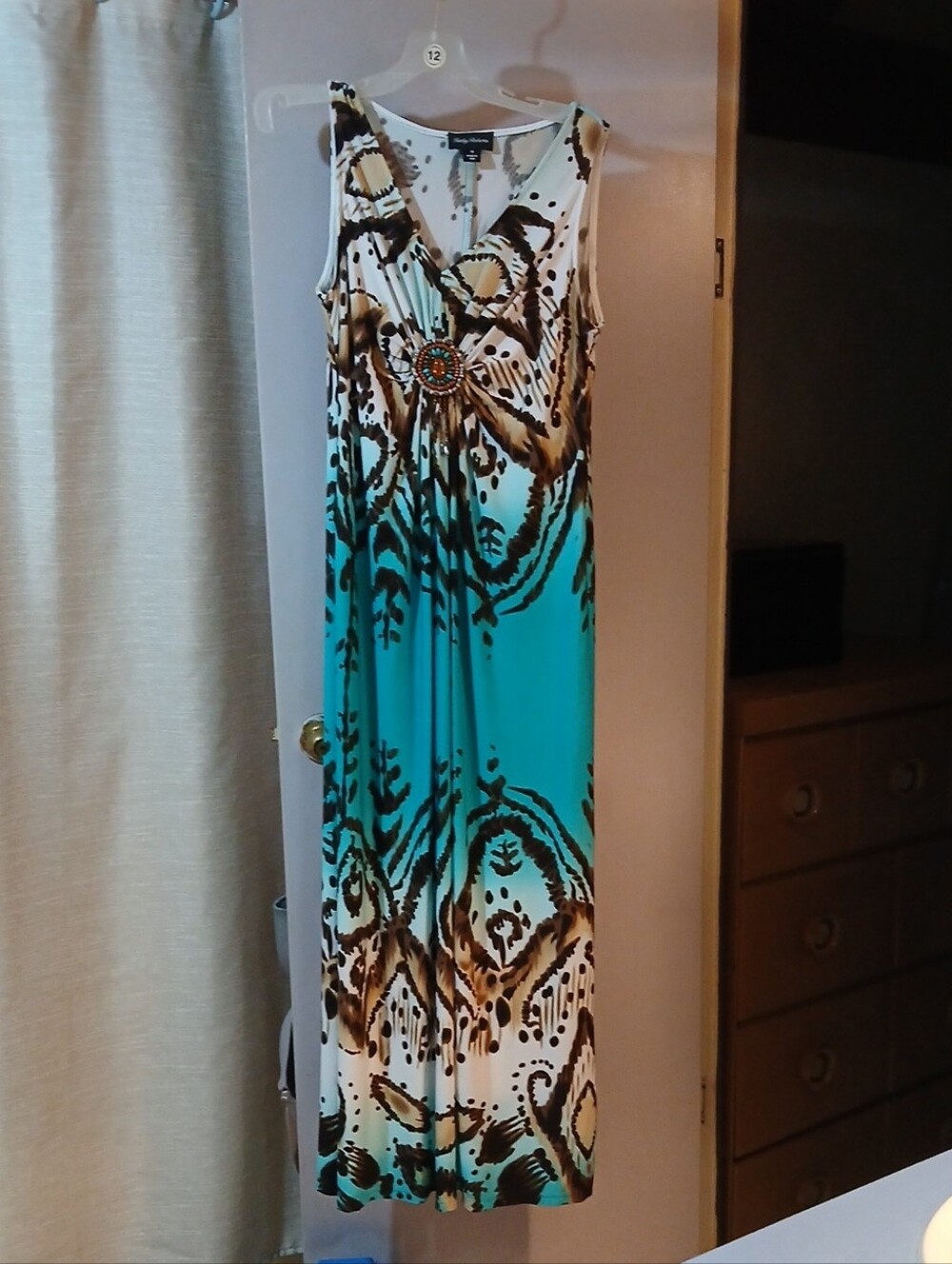 Sleeveless Turquoise and Brown Print V-Neck Maxi Dress